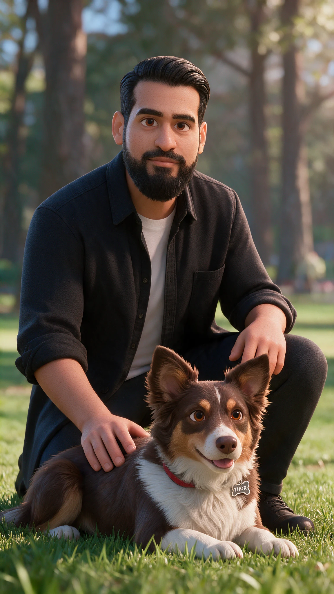 An illustrated portrait of Sahil kneeling on the grass in a sunny park, with his dog Thor lying in front of him.