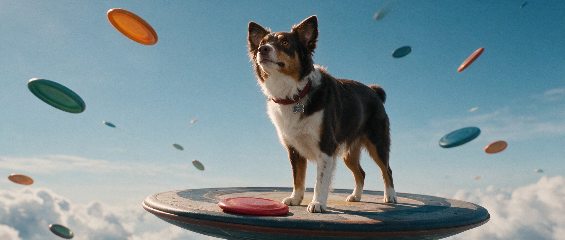 Thor, a brown and white dog, stands on a giant frisbee floating in a blue sky and looks up at frisbees flying past. A frame from the short film Thor's World.